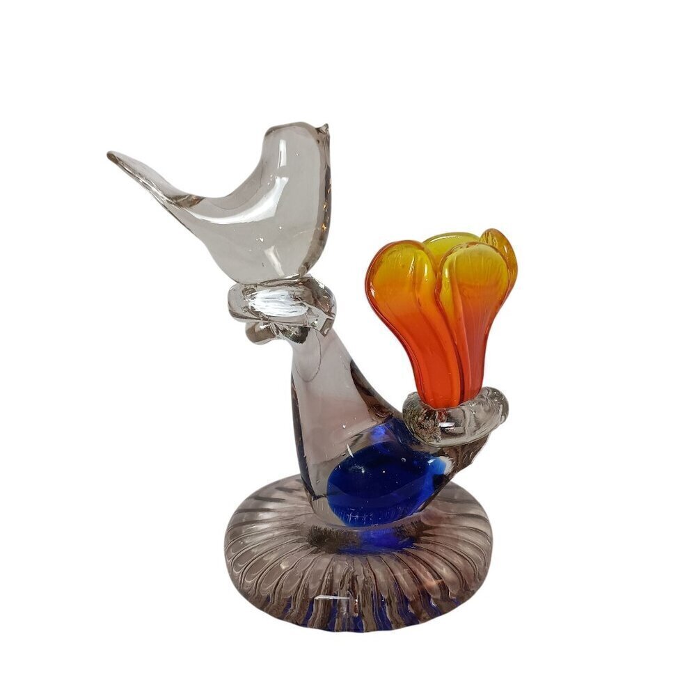 Glass Blown Bird and Orange Tulip Figurine on a Base No Chips EUC